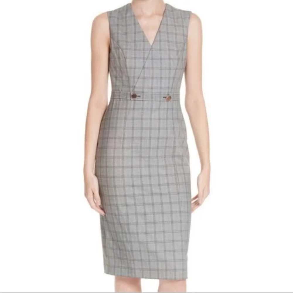 Ted Baker Gray Sleeveless Plaid Check Sheath Midi Dress